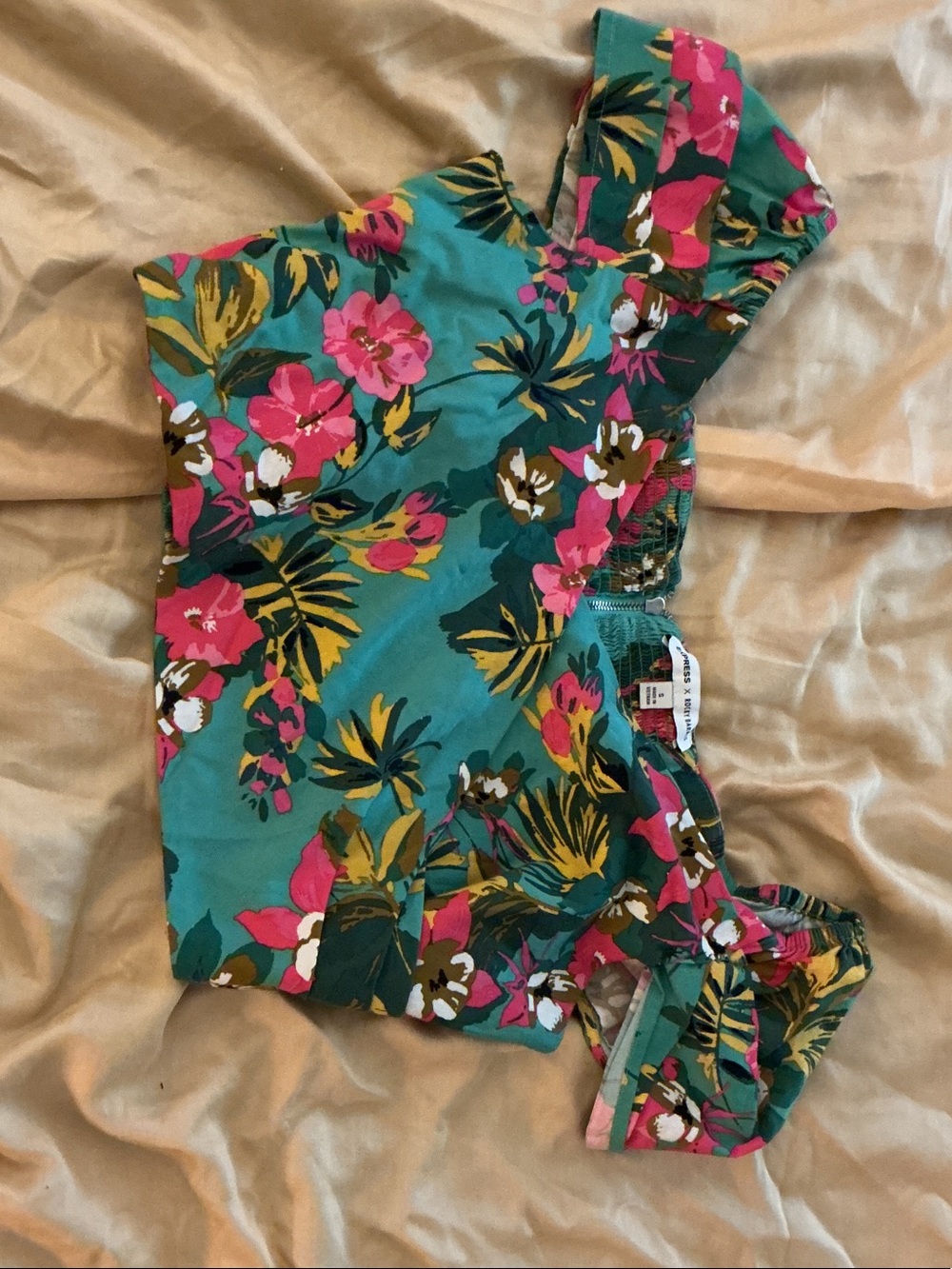Express rocky barnes Teal Floral top with Pink & Green Bloom